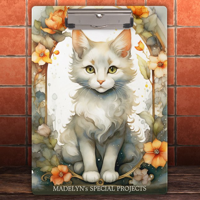 Carpeta De Pinza Elegante acuarela Kitty Artistic Floral Clipboard (Clipboard featuring an adorable watercolor illustration of a kitty with a floral arch.)