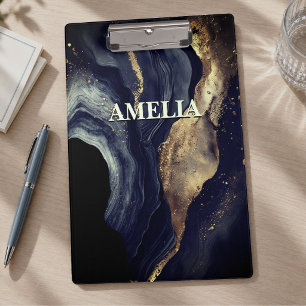 Carpeta De Pinza Elegante arte de mármol azul marino con brillo dor