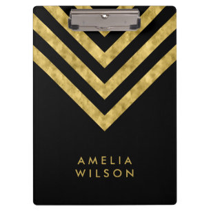 Carpeta De Pinza Elegante Black Name Faux Gold Chevron