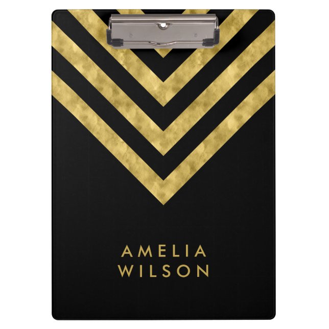 Carpeta De Pinza Elegante Black Name Faux Gold Chevron (Anverso)
