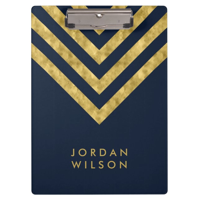 Carpeta De Pinza Elegante Blue Name Faux Gold Chevron (Anverso)