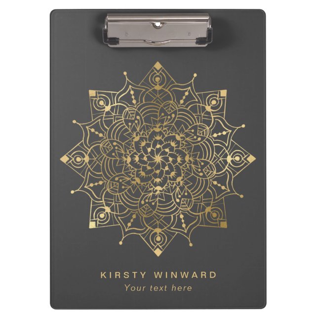 Carpeta De Pinza Elegante Boho Mandala, gris oscuro y Relieve metal (Anverso)