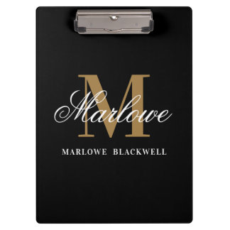 Carpeta De Pinza Elegante caligrafía de monograma de oro negro