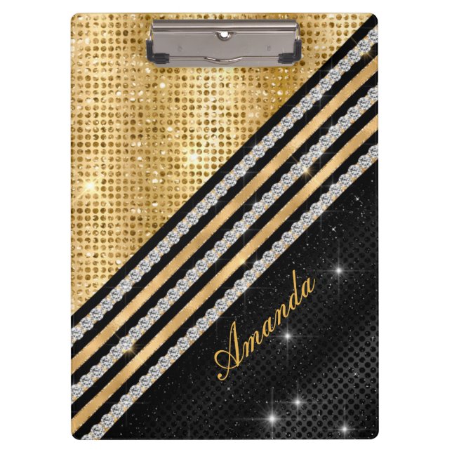 Carpeta De Pinza Elegante falso Crystal Gold y negro personalizado (Anverso)