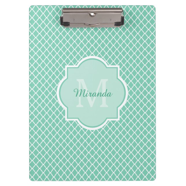 Carpeta De Pinza Elegante Monograma De Cuatrefoil Verde De Mint Con (Anverso)