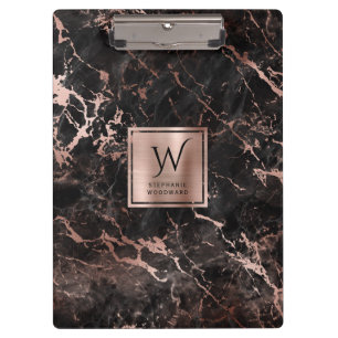 Carpeta De Pinza Elegante Monograma de Mármol Rosa Dorado Negro