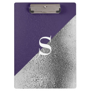 Carpeta De Pinza Elegante Monograma Metálico Purpura Plateado Perso