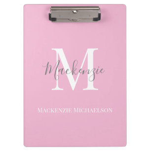 Carpeta De Pinza Elegante Monograma Personalizado Rosa Gris