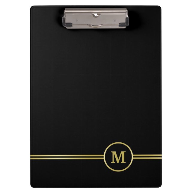Carpeta De Pinza Elegante oro Monograma personalizado sobre negro (Anverso)