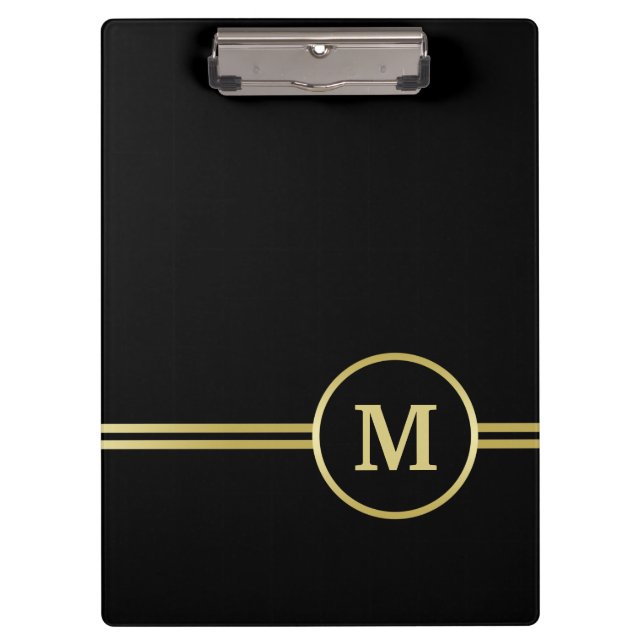 Carpeta De Pinza Elegante oro Monograma personalizado sobre negro (Anverso)