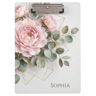 Carpeta De Pinza Elegante Peonía Rosa Dorado Geométrico Nombre Pers