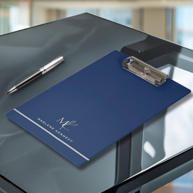 Carpeta De Pinza Elegante Personalizado Silver Monograma Marina Azu (Subido por el creador)