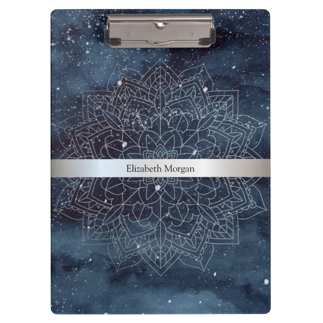 Carpeta De Pinza Elegante plata moderna Mandala Stripe Navy azul (Anverso)