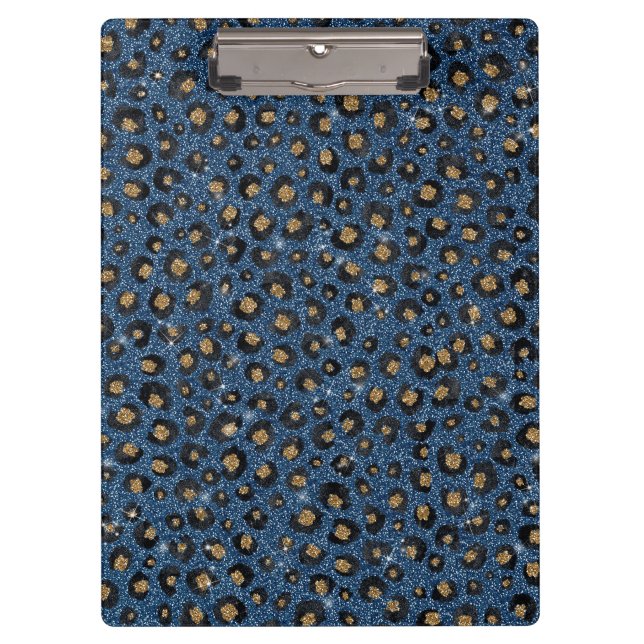 Carpeta De Pinza Elegante Purpurina azul negro Leopardo de oro (Anverso)