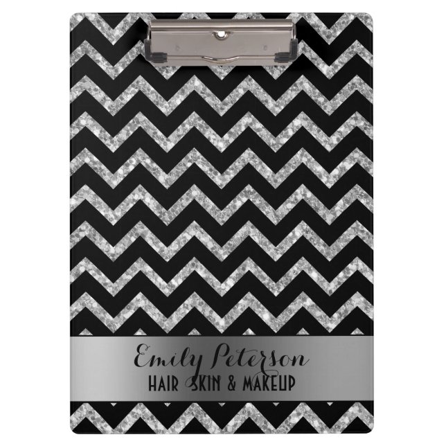 Carpeta De Pinza Elegante Purpurina Plata Negro Chevron Acentos Neg (Anverso)