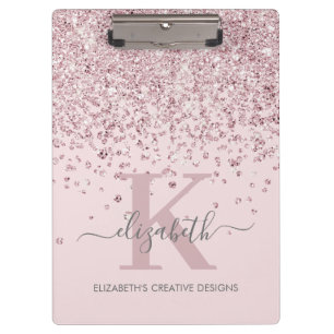 Carpeta De Pinza Elegante Purpurina Rosa Dorado Monogramado Rubor