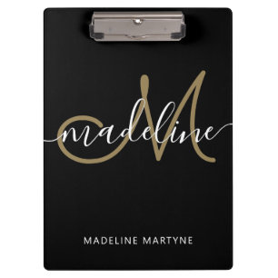 Carpeta De Pinza Elegante Script Monograma Oro Negro