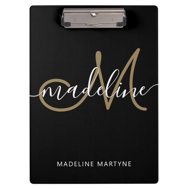 Carpeta De Pinza Elegante Script Monograma Oro Negro (Anverso)