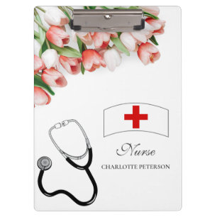 Carpeta De Pinza Elegante Tulipán Rosa Floral y Enfermera con Estet