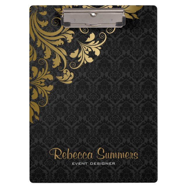 Carpeta De Pinza Elegantes damascos metálicos de oro negro de encaj (Anverso)