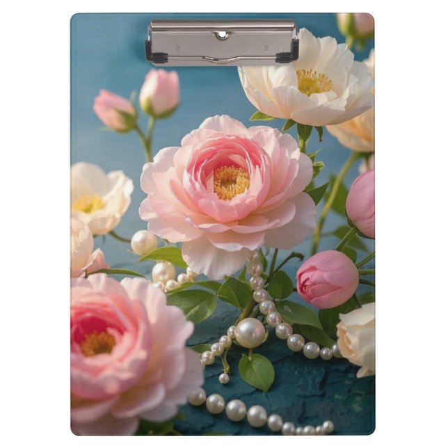 Carpeta De Pinza Elegantes flores rosadas claras con perlas  (Anverso)