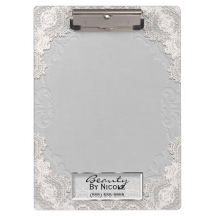 Carpeta De Pinza Encaje Blanco Suede Elegante Chic Glam Personaliza