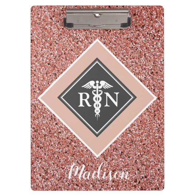 Carpeta De Pinza Enfermera RN Rosa Gold Purpurina Script personaliz (Anverso)