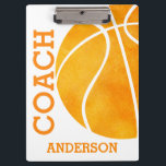 Carpeta De Pinza Escuela de Basketball Coach Personalizado Retro Tr<br><div class="desc">Entrenador de Básquetbol en la escuela Portapapeles de moda Retro Personalizado. Personalice este portapapeles con el nombre de su entrenador de baloncesto favorito tanto en la parte delantera como en la trasera. Este baloncesto de estilo acuarela es un diseño resistente y vintage perfecto para entrenadores escolares de baloncesto. Diseño en...</div>