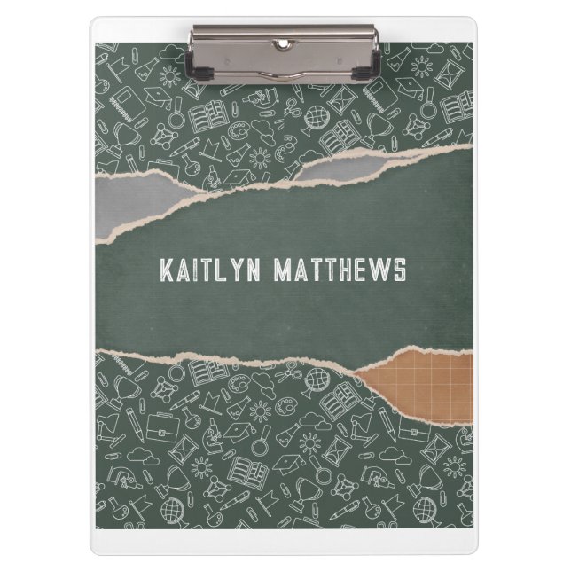 Carpeta De Pinza Escuela de papel roto verde marrón personalizado (Anverso)