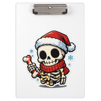 Carpeta De Pinza Esqueleto de Navidad lindo sosteniendo un bastón d