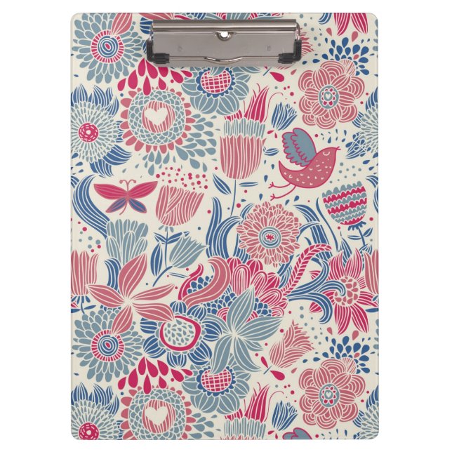 Carpeta De Pinza Estampado de flores con el pájaro y la mariposa (Anverso)
