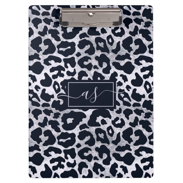 Carpeta De Pinza Estilo Impreso de Leopardo Negro Plateado Monogram (Anverso)