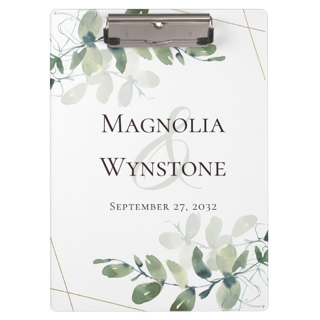 Carpeta De Pinza Eucalyptus Greenery Gold Purpurina Boda Monograma (Anverso)