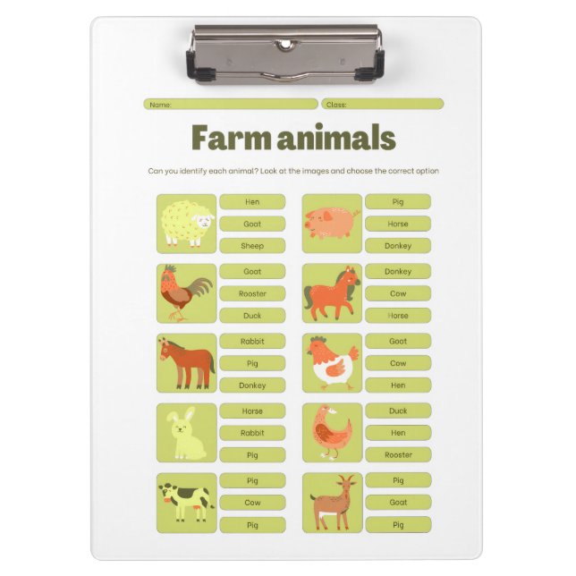 Carpeta De Pinza Farm Animals Identification Educational Worksheet (Anverso)