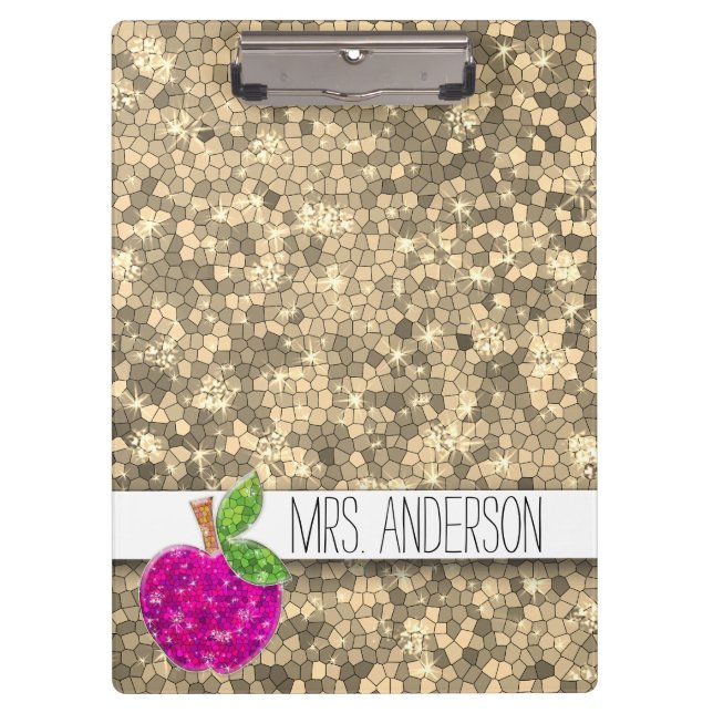 Carpeta De Pinza Faux Gold Hot Pink Teachers Apple Classroom Name (Anverso)