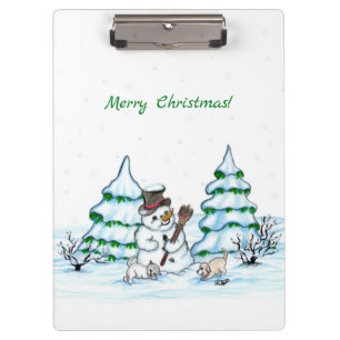 Carpeta De Pinza ¡Feliz Navidad! Hombre de nieve con gato y cachorr