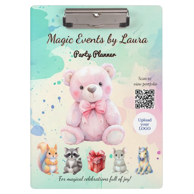 Carpeta De Pinza Fiesta infantil Planner Pastel Teddy Bear logotipo (Anverso)