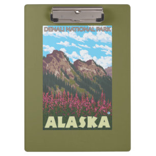 Carpeta De Pinza Fireweed y montañas - parque nacional de Denali,
