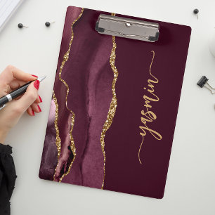Carpeta De Pinza Firma Personalizada Burdeos Rojo Oro Ágata