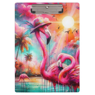 Carpeta De Pinza Flamencos rosados tropicales Palmeras Verde azulad