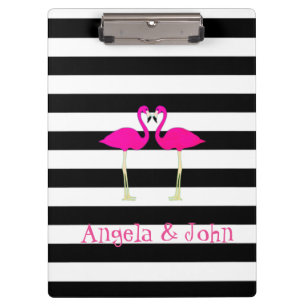 Carpeta De Pinza Flamingos Rosas, Rayas Negras y Blancas Personaliz