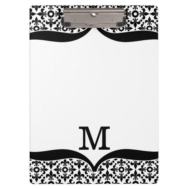 Carpeta De Pinza Flor de lis blanco y negro con monograma (Anverso)