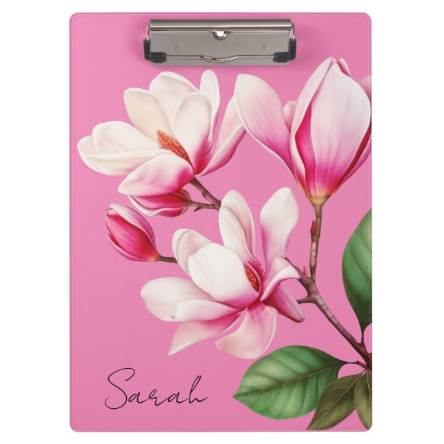 Carpeta De Pinza Flor rosa Nombre personalizado Arte floral (Anverso)