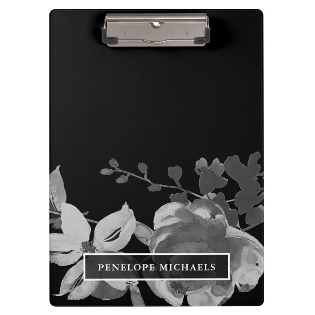 Carpeta De Pinza Floral blanca y negra con nombre (Anverso)