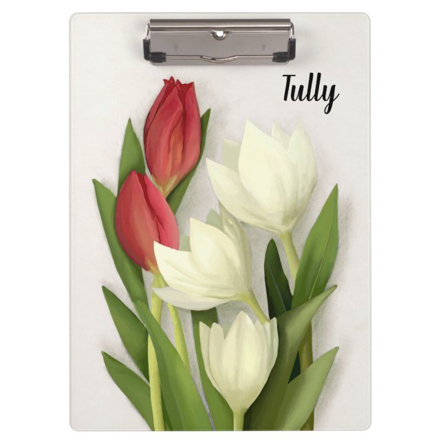 Carpeta De Pinza Floral de tulipanes blancos y rojos personalizados (Anverso)