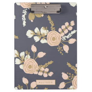 Carpeta De Pinza Floral dorada azul marina personalizada