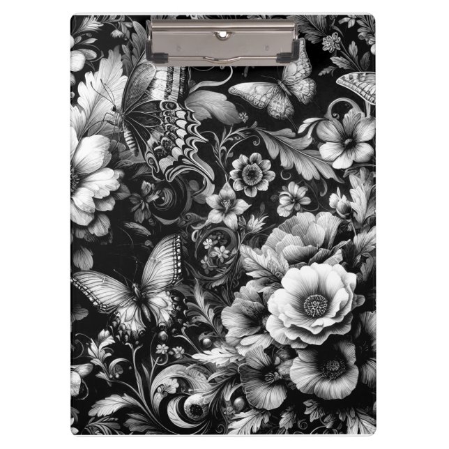 Carpeta De Pinza Floral monocromática antigua con mariposas (Anverso)