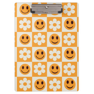 Carpeta De Pinza Flores a cuadros y caras felices naranja