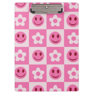Carpeta De Pinza Flores a cuadros y caras felices rosa