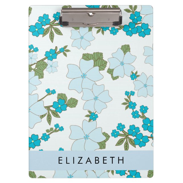 Carpeta De Pinza Flores Azules, Patrón De Flores, Su Nombre (Anverso)